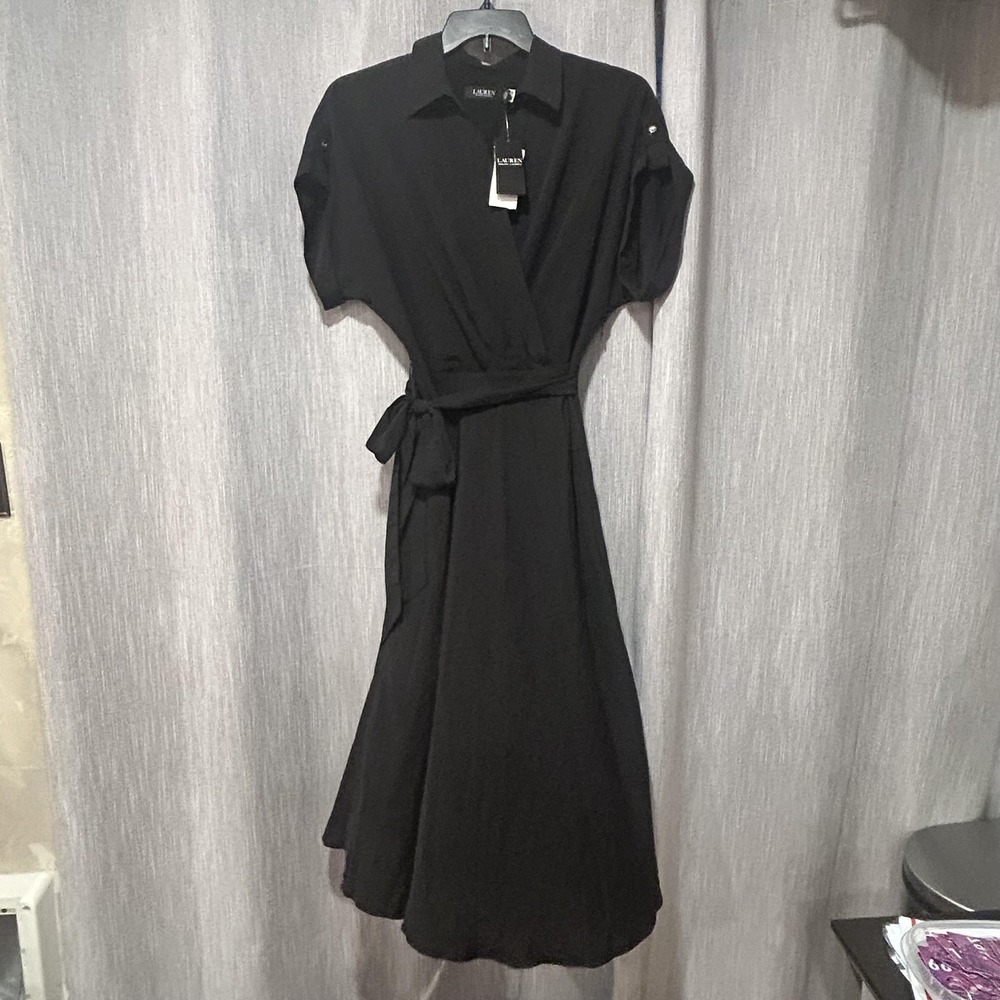 Lauren Ralph Lauren Shirt Dress Womens 14 Black Chiffon Wrap Belted Midi